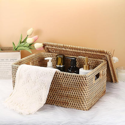Hipiwe Rattan Basket With Lid Rectangular Lidded Basket Natural Hand-Woven Wicker Storage Basket Bin for Shelf Organizing Picnic Food Bread Table Storage Basket, 15.1 x 11.2 x 7.3 inch