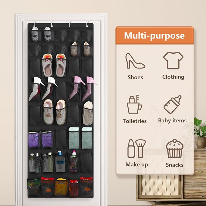 FENTEC 40 Large Pockets Over The Door Shoe Organizer, Mesh Hanging Shoe Organizer Shoe Rack for Closet Mesh Closet Shoe Holder, Over Door Organizer, Shoe Organizer for Wall, Black, 1 Pack
