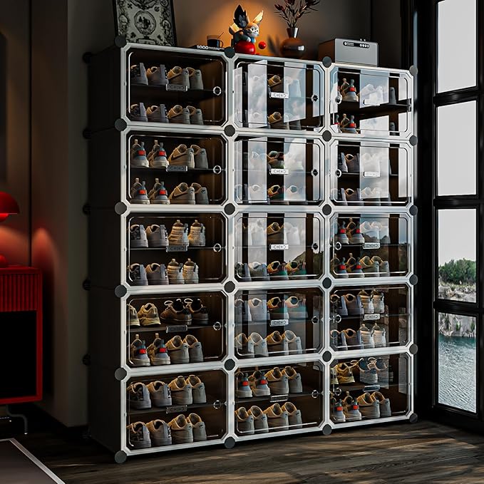MAGINELS 6-Tier Shoe Rack,Expandable Plastic Shoe Cabinet. Shoe Storage with Door,Entryway, Closets, Hallway, and Bedroom.Accommodates Up to 24 Pairs of Shoes.Grey (3 by 10-(60 Pairs))