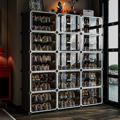 MAGINELS 6-Tier Shoe Rack,Expandable Plastic Shoe Cabinet. Shoe Storage with Door,Entryway, Closets, Hallway, and Bedroom.Accommodates Up to 24 Pairs of Shoes.Grey (3 by 10-(60 Pairs))