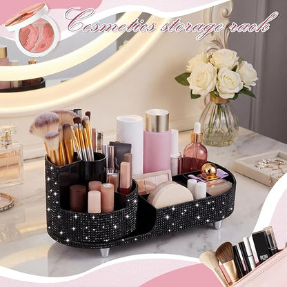 Teen Girls Mother's Day 360 Rotating Bling Makeup Organizer Gift Rhinestone Diamond Bathroom Organizer Girly Skin Care Brush Holder for Countertop, Bathroom Essentials(Black,Rhinestone)