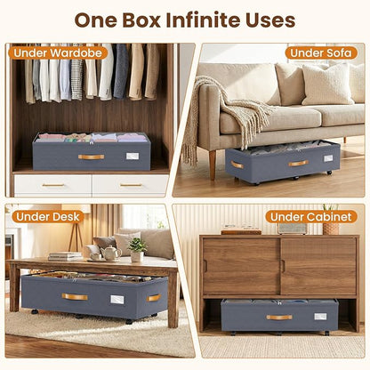 Budding Joy Under Bed Storage with Wheels 2Pack, 80L Height Adjustable Underbed Containers with Clear Lids, Rolling Under Bed Shoe Storage Organizer for Dorm Home Clothes, Blankets, Toys, Grey
