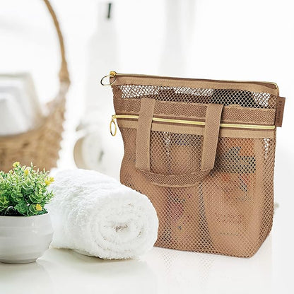 DV Lifestyle Mesh Shower Bag 10.2x9.9'' Quick-Dry Caddy with Zipper & 2 Pockets. Portable Toiletry Tote for Bathroom, Gym, Travel, Camp, Beach, for Sunscreen, Dorm & College Essentials (Brown)