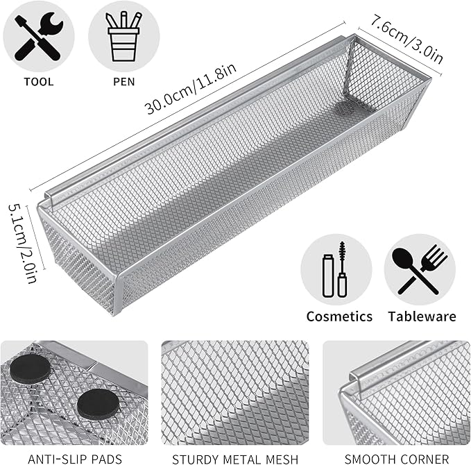 Drawer Organizer for Kitchen, Silverware Organizer Cutlery Tray Utensil holder with Interlocking Mesh Metal Flatware Storage Silver (6 pcs)