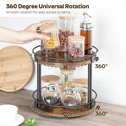 YATINEY Lazy Susan Organizer, Rotating Spice Rack, 2 Tier Spice Turntable Organizer, Industrial Turntable Spice Holder, for Kitchen Countertop and Cabinet, Compact and Versatile, Rustic Brown SR22BR