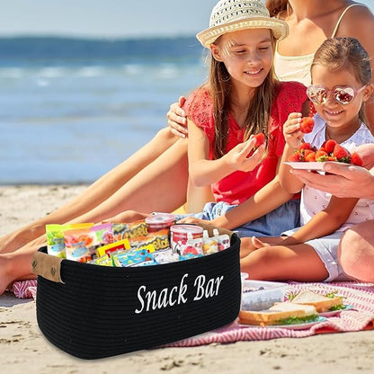 Snack Organizer for Pantry Shelf, Black Cotton Rope Basket with Handles, Snack Bin for Storing Chips, Pretzels, Cookies, Popcorn, Snack Bar Station Kitchen Organization
