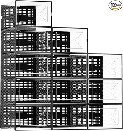 DUMOS Shoe Storage Boxes, 12-Pack Stackable Clear Shoe Containers with Lids, Display Sneaker Case Organizer for Closet, Under Bed, Entryway, Black, Fit Size 11