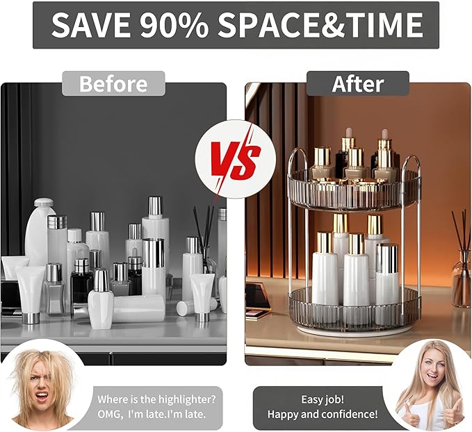 YCIA&DONE 360 Rotating Makeup Organizer and Storage for Vanity Countertop 2 Tiers, High Capacity Cosmetic Skincare Perfume Organizers for Dresser Bathroom Lazy Susan (Smoky Gray)
