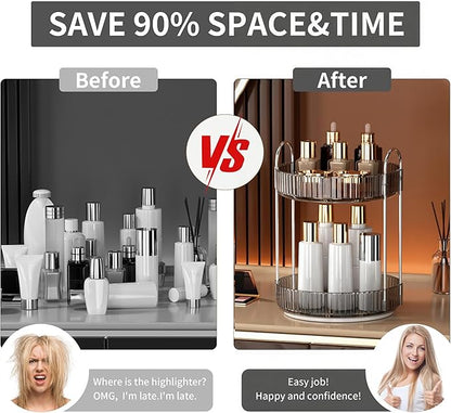 YCIA&DONE 360 Rotating Makeup Organizer and Storage for Vanity Countertop 2 Tiers, High Capacity Cosmetic Skincare Perfume Organizers for Dresser Bathroom Lazy Susan (Smoky Gray)