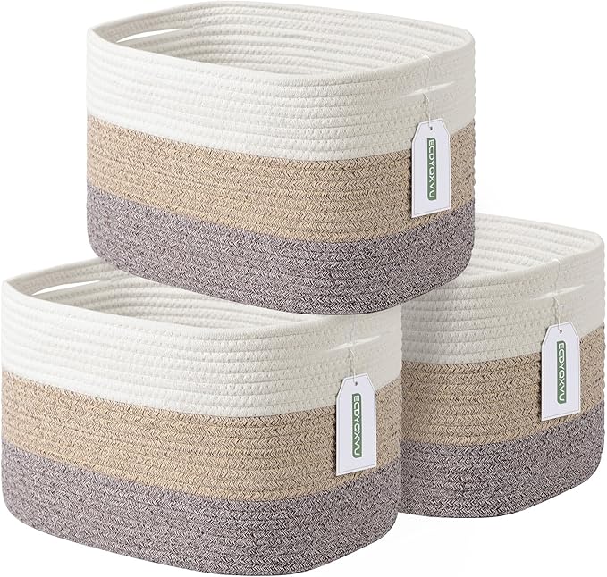 ECDYQXVU Cotton Rope Storage Basket, 15x10x9 Inches, Woven Basket for Shelves, Clothes, Towels, Books, and Laundry, White Brown (3 Pack)