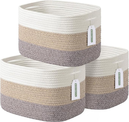 ECDYQXVU Cotton Rope Storage Basket, 15x10x9 Inches, Woven Basket for Shelves, Clothes, Towels, Books, and Laundry, White Brown (3 Pack)