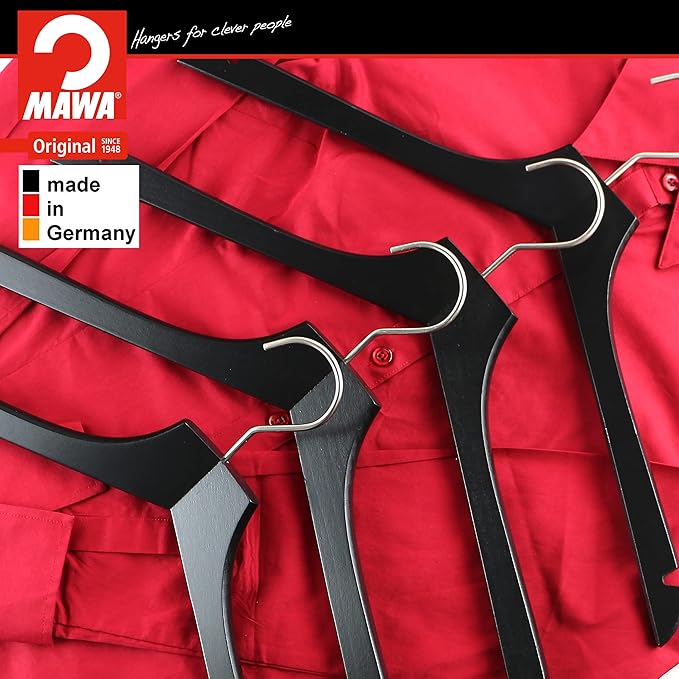 MAWA by Reston Lloyd, European Wooden Hanger, Beech Wood Straight Hanger with Shoulder Notches, Rotating Chrome Hook, Black Finish, for Shirts, Blazers, Dress Clothes Hanger, Set of 5 (26115)