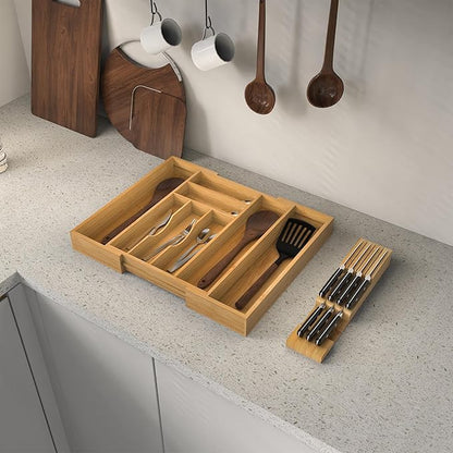 Bamboo Kitchen Drawer Organizer, Expandable Silverware Organizer with Removable Knife Block, 6-8 Slots- Utensil Holder & Cutlery Tray Drawer Dividers, 2.36" Deep for Extra Capacity, Natural