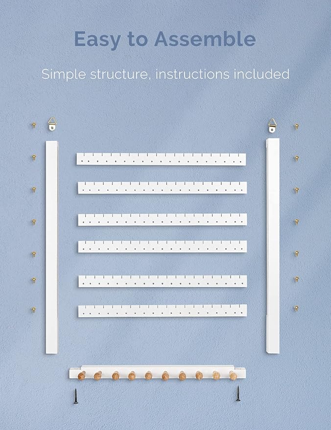 Mymazn Easy Assemble Solid Beech Wood Earring Hanging Necklace Holder Hanger Wall Mount Jewelry Organizer Rings Scruncies Organization