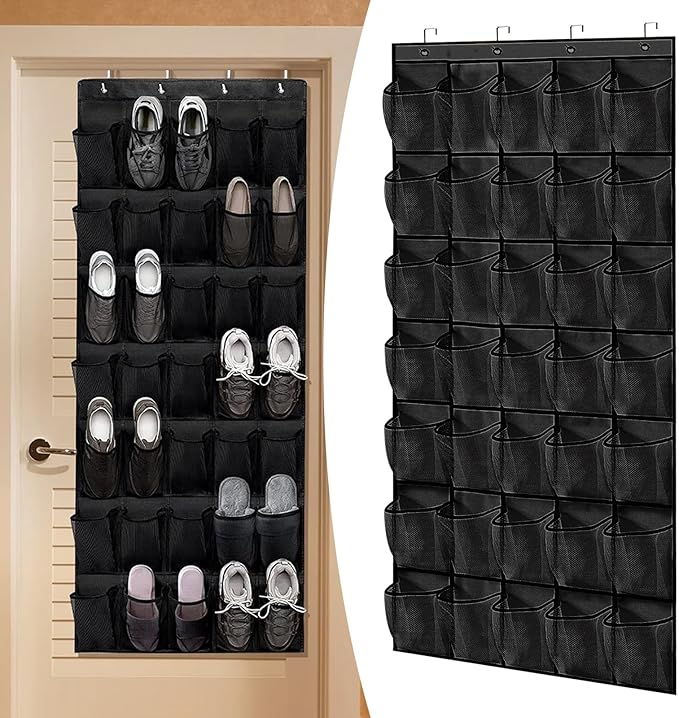 35 Pocket Black Over the Door Shoe Organizer, Reusable Breathable Large Mesh Bag Men's & Women's Sneaker Organizer, for Hanging Shoe