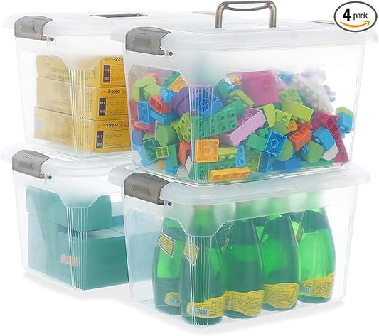 Citylife 4 Packs 13.7 QT Storage Bins with Lids Clear Plastic Bins with Grey Handle Stackable Storage Containers for Organizing