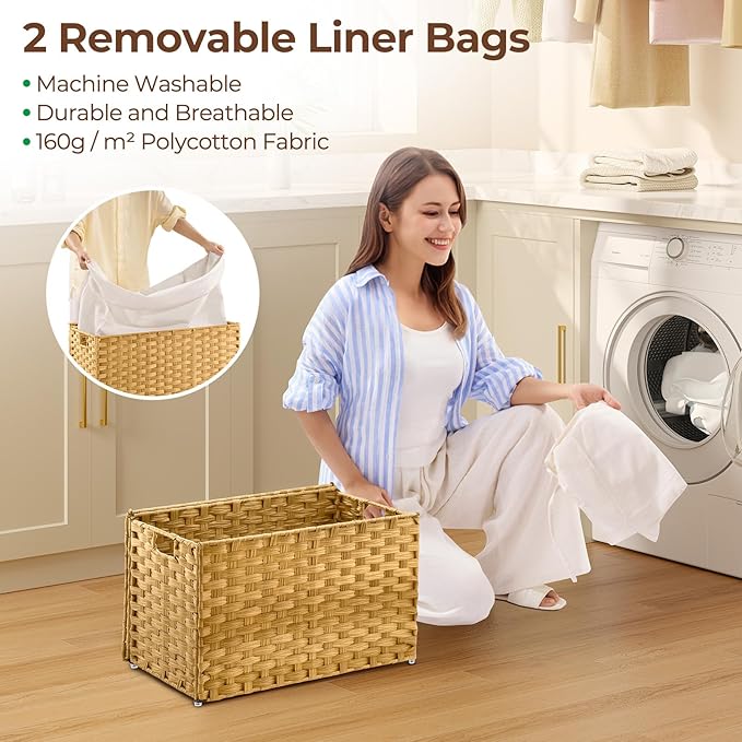 GREENSTELL Storage Basket with Lid, 17.2 Gallon(65L) Small Wicker Blanket Storage Basket with Handles, Foldable, 2 Removable Liner Bags, Metal Frame, for Bedroom, Laundry Room, Natural
