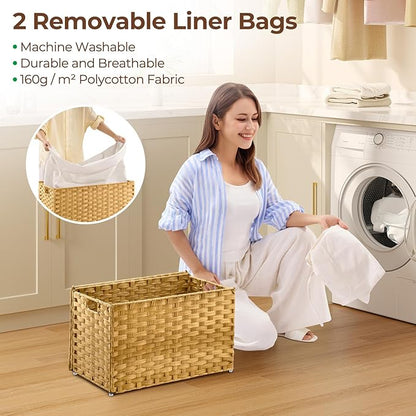 GREENSTELL Storage Basket with Lid, 17.2 Gallon(65L) Small Wicker Blanket Storage Basket with Handles, Foldable, 2 Removable Liner Bags, Metal Frame, for Bedroom, Laundry Room, Natural