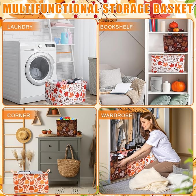 Geelin 3 Pcs Thanksgiving Storage Baskets for Gifts, Collapsible Waterproof Canvas Harvest Autumn Maple Leaf Storage Bin Organizer with Handles for Book Closet Shelf Nursery Autumn Home Decor