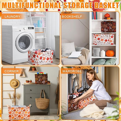 Geelin 3 Pcs Thanksgiving Storage Baskets for Gifts, Collapsible Waterproof Canvas Harvest Autumn Maple Leaf Storage Bin Organizer with Handles for Book Closet Shelf Nursery Autumn Home Decor