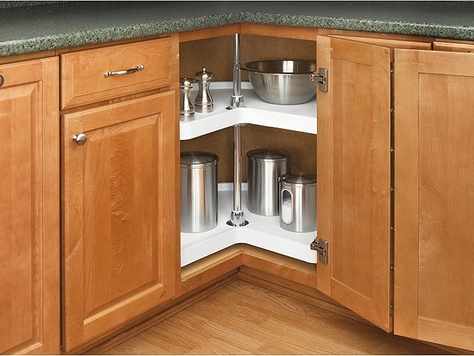 Rev-A-Shelf 28" Kidney Shaped Dual Tier Lazy Susan Shelf Organizer for Corner Base Kitchen Cabinets, Plastic Home Storage, 28" W x 18.58" D x 26" H, White, 6472-28-11-52