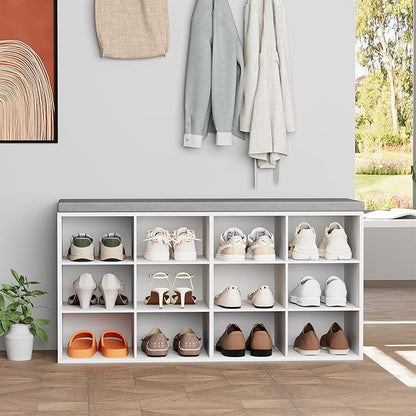 Aenuert 12-Cubby Shoe Rack with Cushion, 3-Tier Wood Shoe Organizer, Multifunctional Shoe Organizer Bench for Entryway, Mudroom, Hallway, Closet,36.22 * 11.81 * 17.7 Inch, White