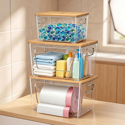 spospo 3 Pack Trash Bag Holder with Bamboo Lid, Stackable Trashbag Dispenser, Extra Large Garbage Bag Holder for Kitchen Laundry Room Under Sink Organization and Storage