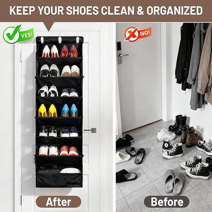 7 Tier Over The Door Shoe Organizer, Hanging Shoe Rack for Closet with Dustproof Mesh Curtain & 6 Side Pockets, Behind The Door Narrow Shoe Holder Hanger for Sneakers, Boots (Black)