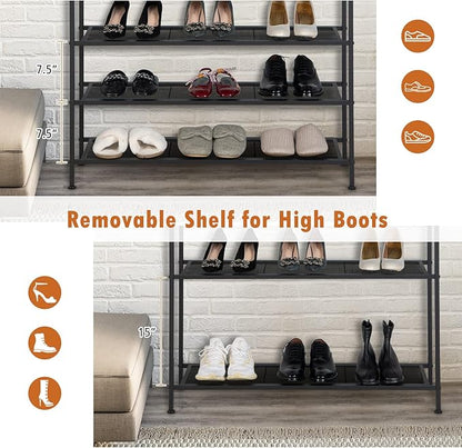 Tangkula 5-Tier Metal Shoe Rack, Freestanding Shoe Storage Organizer with Flat Mesh Shelf & Wooden Top for 16-20 Pairs, Industrial Shoe Storage Rack for Entryway, Hallway, Living Room, Rustic Brown