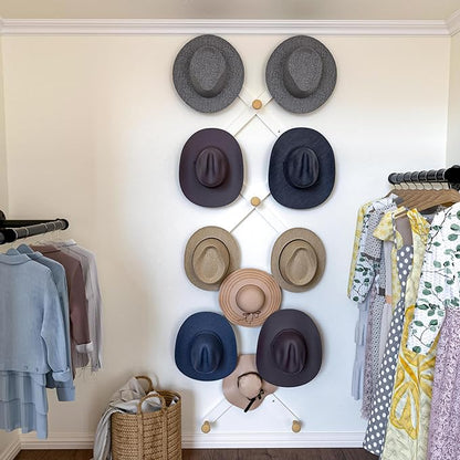 SKOLOO Large Hat Rack for Wall, Wooden Accordion Wall Hanger, Modern, Expandable Coat Hooks, Hat Display Rack for Home, Office, and Studio, 14 Peg, Natural & White