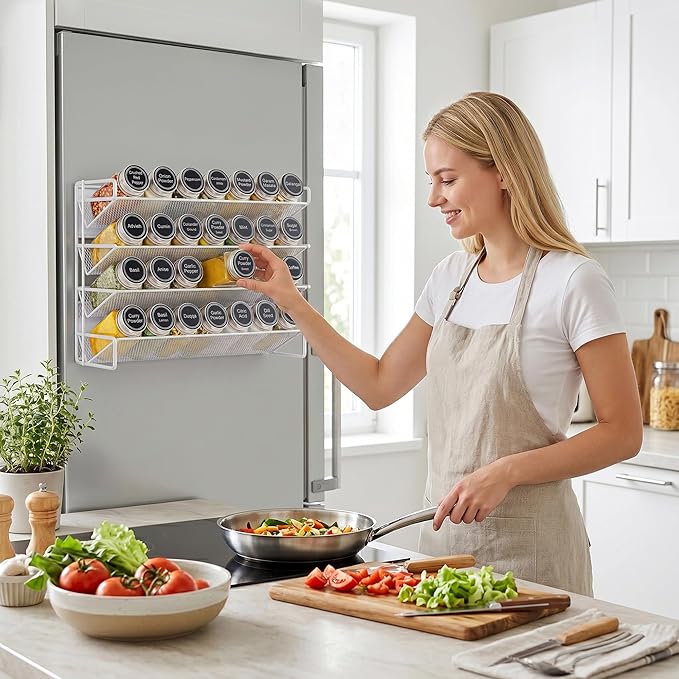 UVIAHOMI Magnetic Spice Rack Organizer for Refrigerator with 28 Spice Jars, 386 Spice Labels, 4 Hook, Chalk Marker and Funnel Set, Magnetic Shelf for Seasoning Organizer, 13.2'' W x 9.8 H, White