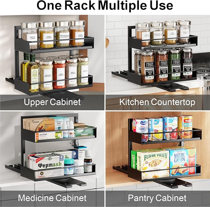 iSPECLE Vertical Spice Rack Pull Out - 1 Pack Rotate No-Drill Slide Out Spice Rack for Cabinet Swivel Easy Access Spices, Adjust Height for 4oz to 8oz Spice Jars Inside Kitchen Pantry Cabinet, White