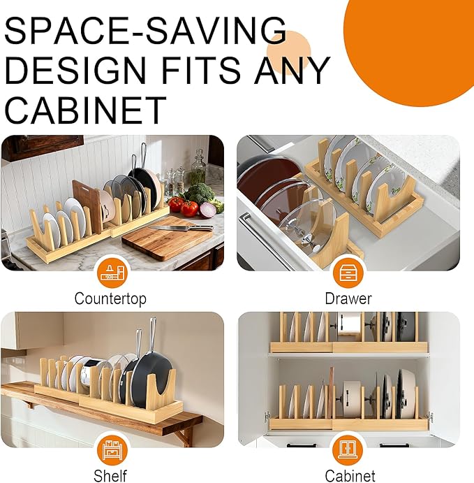 Expandable Bamboo Pot and Pan Organizer Under Cabinet, 2-in-1 Kitchen Pot and Lid Organizer with Adjustable 10 Dividers, Non-Slip Base for Pot Lids Holder, Cutting Board Organizers for Kitchen Storage