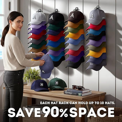 2 Pack Hat Organizer for Baseball Caps, Hat Rack for Wall Hold Up to 20 Hats, Hat Holder with Strong Adhesive and Screws, Hat Organizer Wall Mounted Hat Hanger Display for Door Closet Bedroom(B-Black)