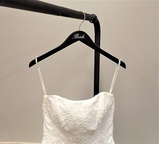 NAHANCO 17" Wooden Hangers, Bride and Groom Set, Black with Silver Imprint (2 Piece Set)