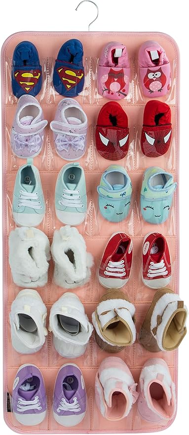 PACMAXI Over The Door Shoes Organizer for 12 Pairs of Baby Shoes Boys Girl, Hanging Baby Sole Shoe Organizer with Hanger(Felt Material-Pink)