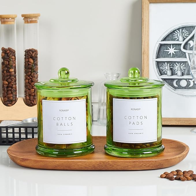 Ronasip Qtip Holder & Cotton Pad Dispenser, Bathroom Organizer and Storage Canisters, 16oz Glass Apothecary Jars for Kitchen, Restroom - Home Decor Accessories, Room Decor Aesthetic (2 Pack, Green)