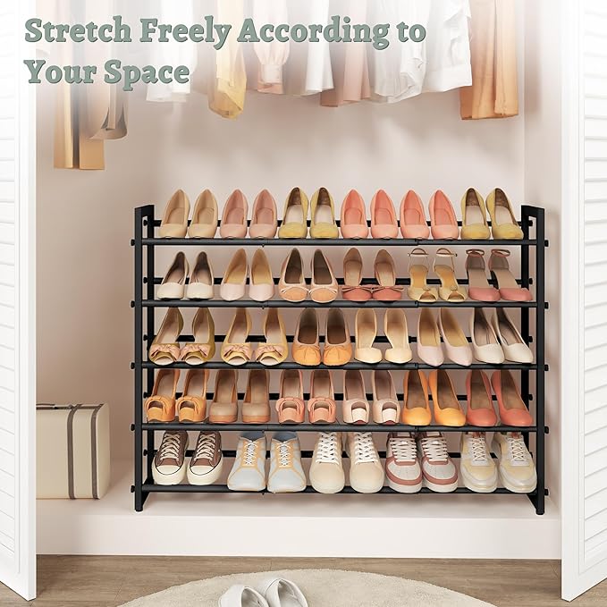 FAVOOSTY 5-Tier Expandable Shoe Rack, Adjustable Shoe Shelf Storage Organizer Space Saving Metal Free Standing Shoe Rack for Entryway Closet Doorway, Silver Grey (Black, 5 Tier)