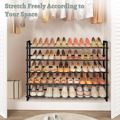 FAVOOSTY 5-Tier Expandable Shoe Rack, Adjustable Shoe Shelf Storage Organizer Space Saving Metal Free Standing Shoe Rack for Entryway Closet Doorway, Silver Grey (Black, 5 Tier)