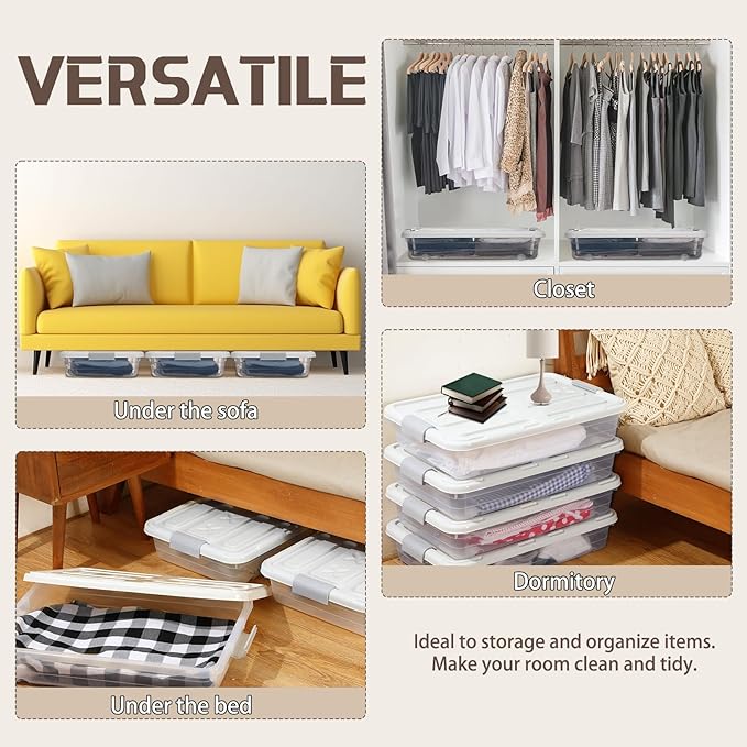 Beeveer 4 Pcs Plastic Under Bed Storage Containers with Lid Wheel Handle, Transparent Large Capacity Stackable Latching Storage Bins for Closet Bedroom Clothes Shoes Blanket(23.7 x 15.8 x 5.2,White)