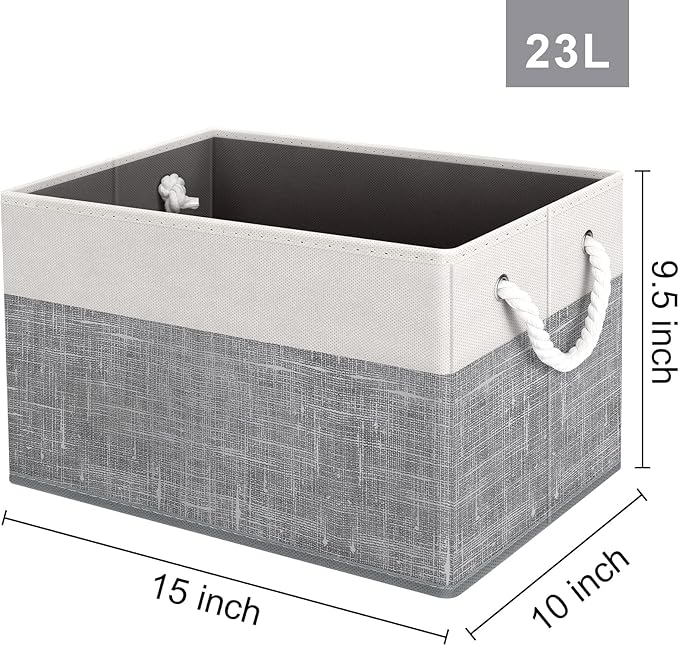 Fab totes Storage Bins 3-Pack, Foldable Storage Baskets for Organizing Toys, Books, Shelves, Closet, Large Storage Box with Rope Handles, Sturdy Organizer Bins, White & Grey