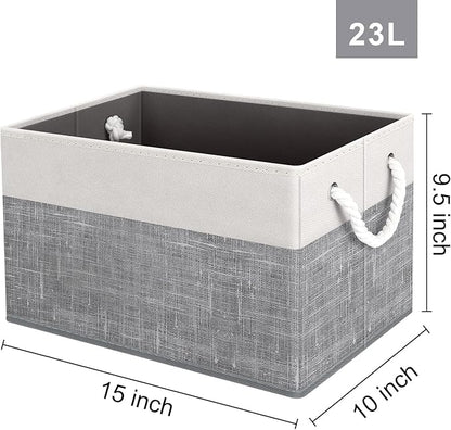 Fab totes Storage Bins 3-Pack, Foldable Storage Baskets for Organizing Toys, Books, Shelves, Closet, Large Storage Box with Rope Handles, Sturdy Organizer Bins, White & Grey