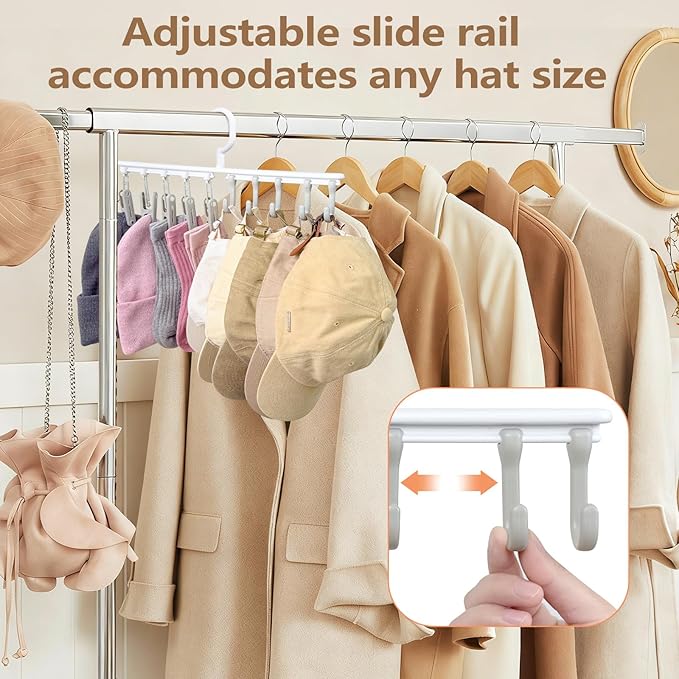 Hat Rack with 5 Hooks & 5 Clips, Adjustable Slide Rails - Space Saving Closet Organizer for Scarves, Belts, Ties, Hats, Underwear