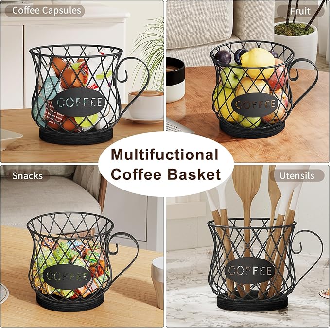 YINMIT K Cup Holder Organizer, Sturdy Coffee Pod Holder Organizer, 35 Kcup Large Capacity Storage Basket for Kitchen Counter and Office Desktop (Black-Circular with Handle)
