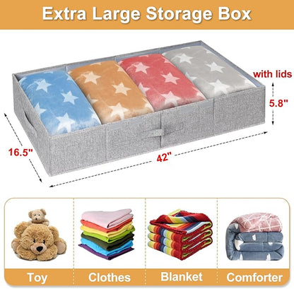 punemi Extra Large Under Bed Storage 65L, 42*16.5*5.8 in Tall underbed storage containers with Lids, Sturdy Closet Organizers and Storage Bins Bags for Blankets Comforter Sweaters Wrapping Paper 2PACK