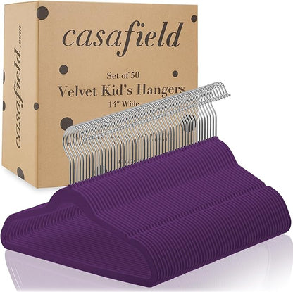 Casafield 50 Velvet Kid's Hangers - 14" Size for Children's Clothes - Purple