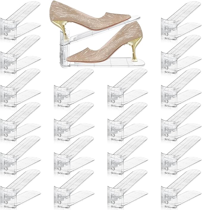 FENRUNXU Transparent Shoe Slots Organizer for Closet, 20 Pack Shoe Stacker Organizer for Closet Shoe Display Space Saver,Adjustable Shoe Rack Organizer Holder for High Heels,Sneakers(Transparent)