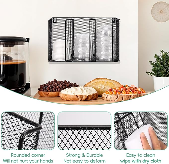 Wall Mount Coffee Cup Lid Holder Organizer 3 Compartments Coffee Cup Lid Dispenser Black Metal Mesh Disposable Cup and Lid Storage for 8-24 Oz Capacity Cup Lid Kitchen Restaurant Coffee Bar Office