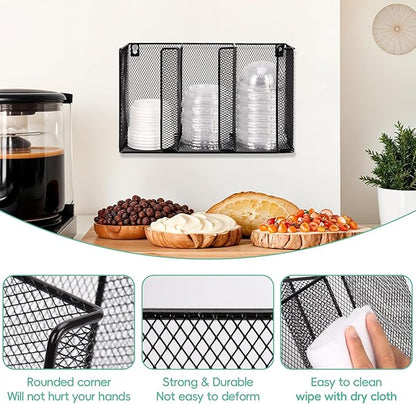 Wall Mount Coffee Cup Lid Holder Organizer 3 Compartments Coffee Cup Lid Dispenser Black Metal Mesh Disposable Cup and Lid Storage for 8-24 Oz Capacity Cup Lid Kitchen Restaurant Coffee Bar Office