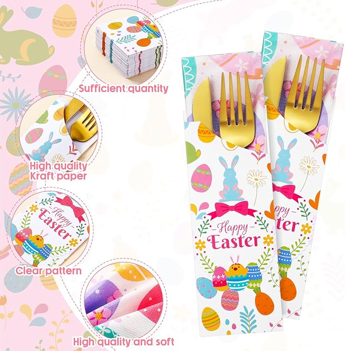 FoldTier 100 Pieces Easter Utensil Cutlery Holders Pouch Bags Easter Napkins Set Bunny Egg Silverware Holder Bag Utensil Sleeve Luncheon Napkins Spring Disposable Paper Napkins for Easter Party Table